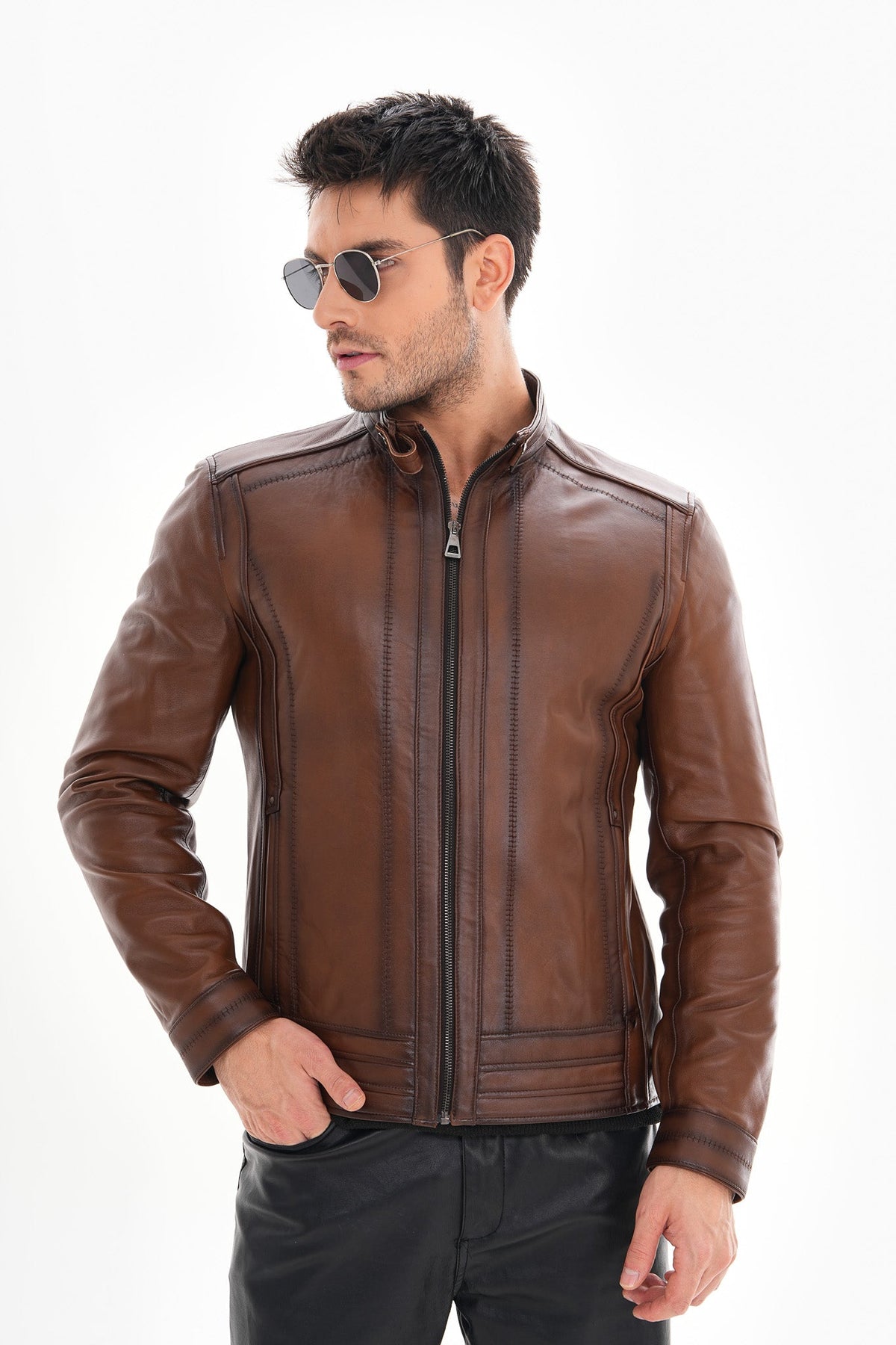 Vinci Leather The Arezzo Brown Leather Men Jacket – product view 1