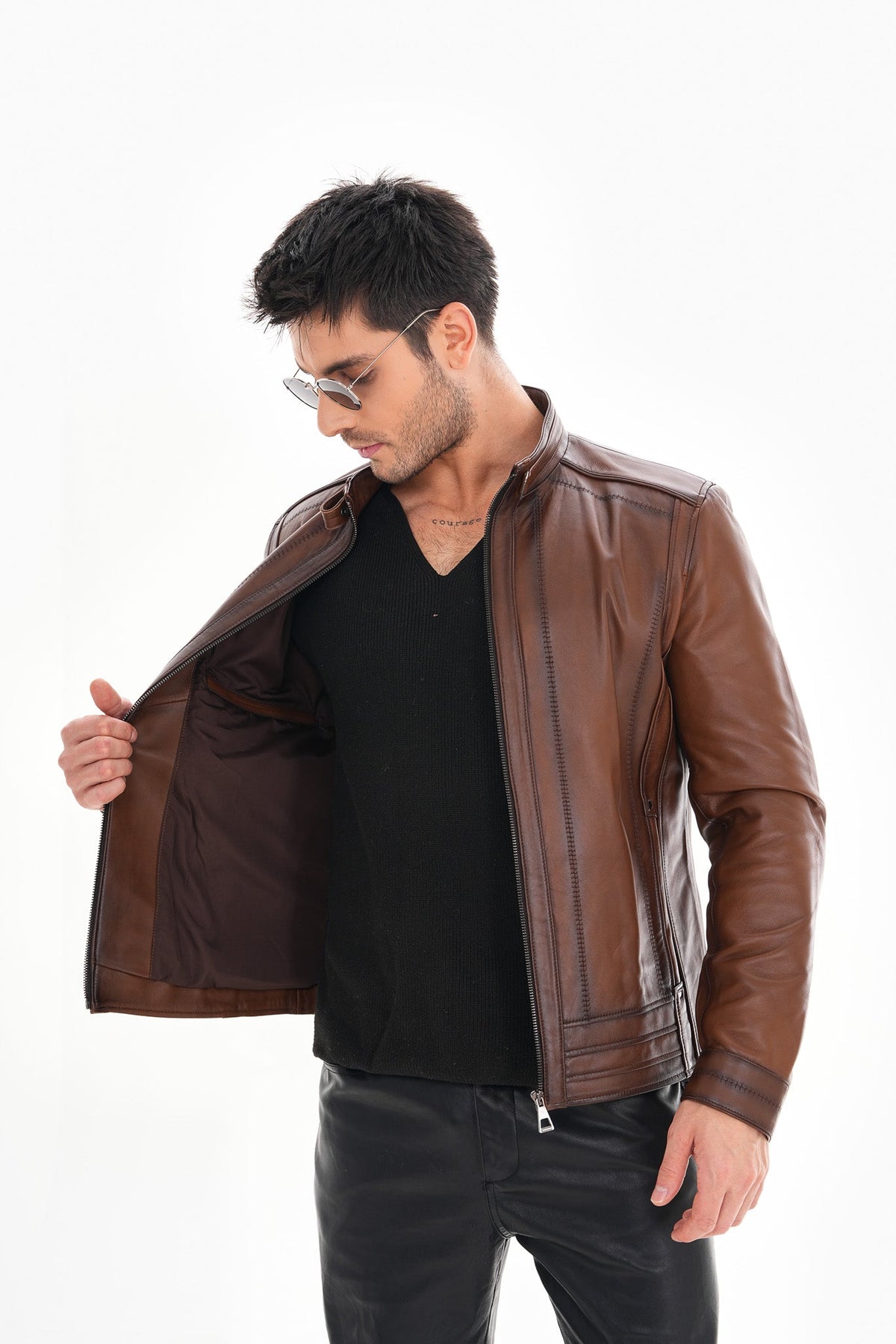 Vinci Leather The Arezzo Brown Leather Men Jacket – product view 9