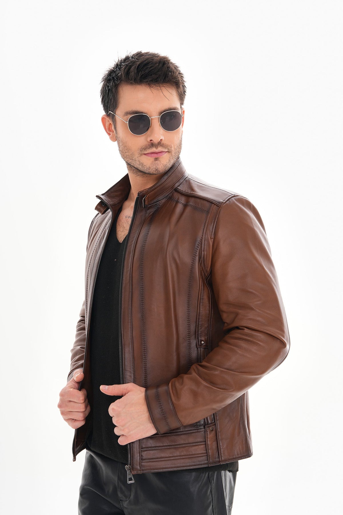 Vinci Leather The Arezzo Brown Leather Men Jacket – product view 2