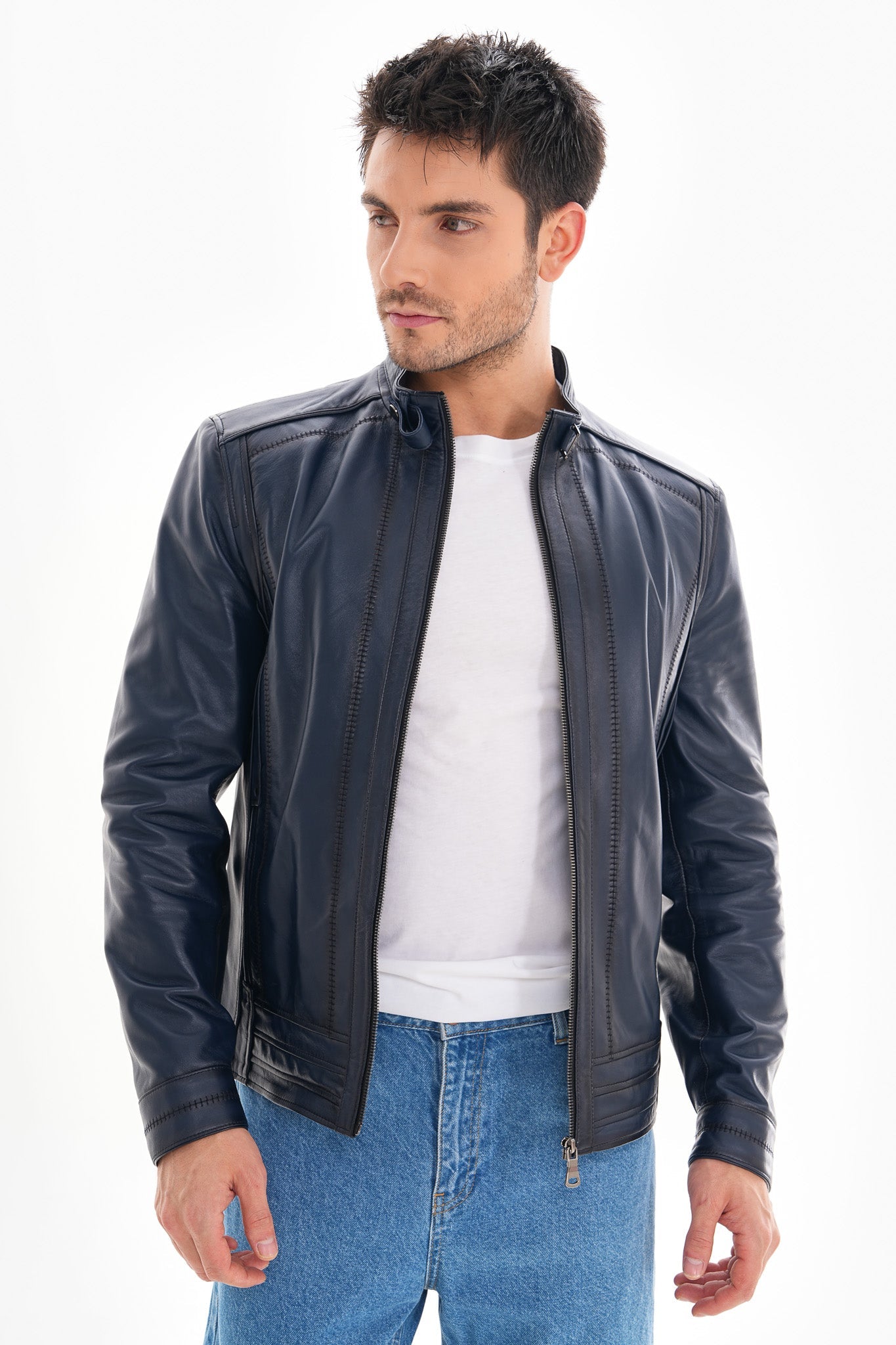 The Arezzo Navy Blue Leather Men Jacket