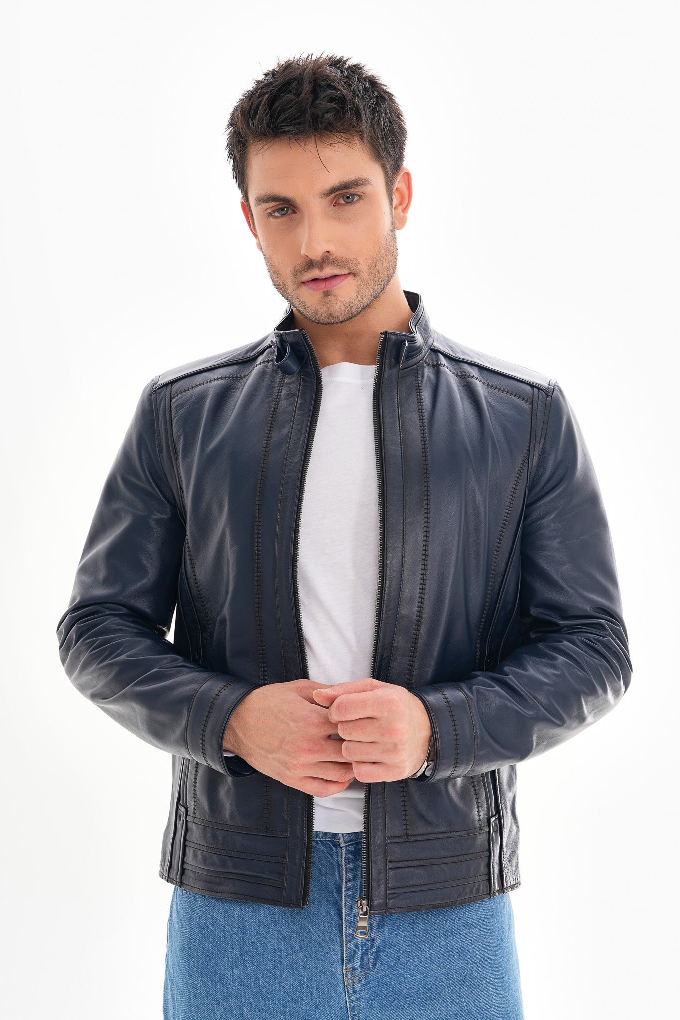 The Arezzo Navy Blue Leather Men Jacket