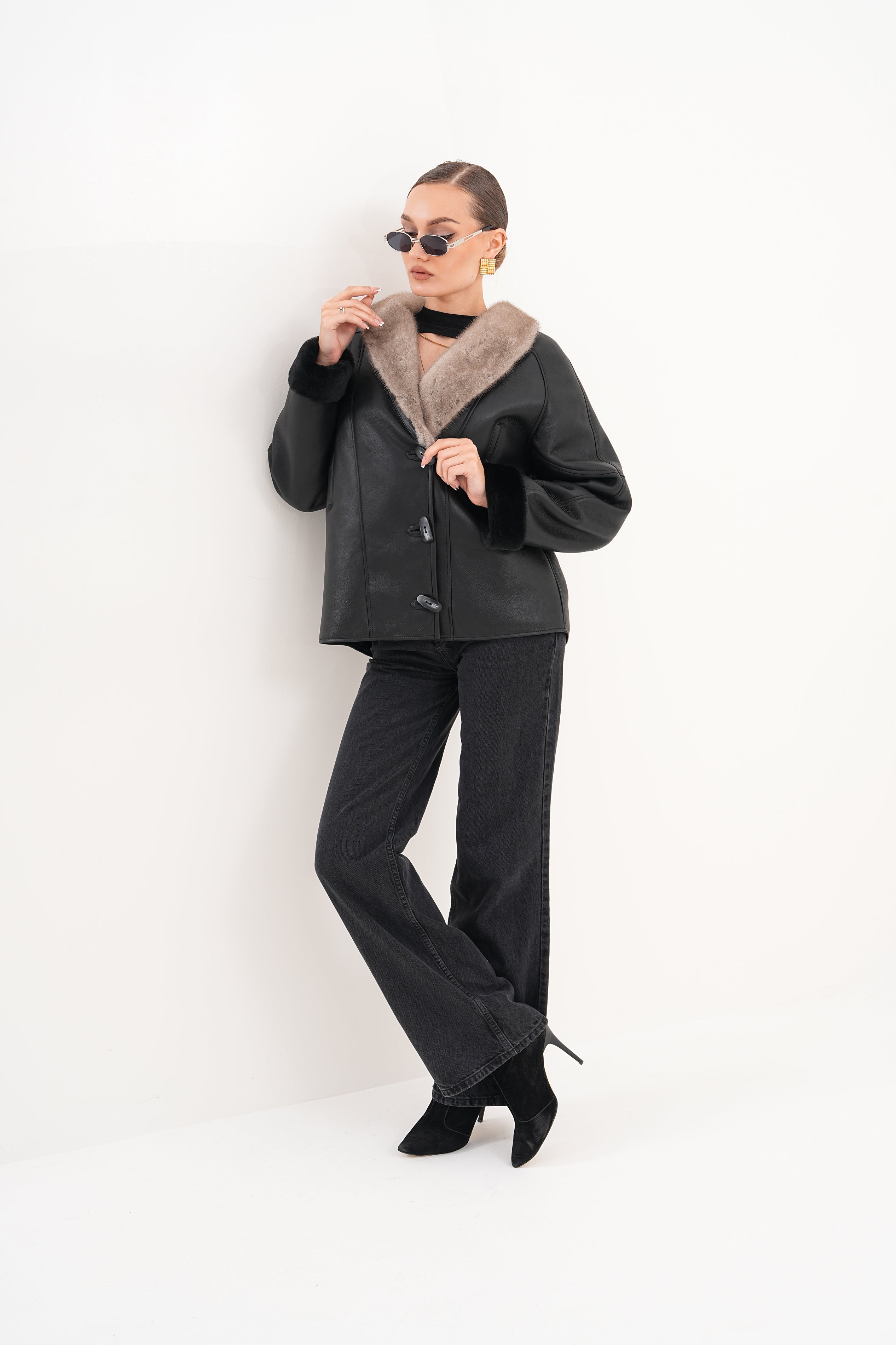 The Estelle Black & Beige Shearling Leather Women Jacket