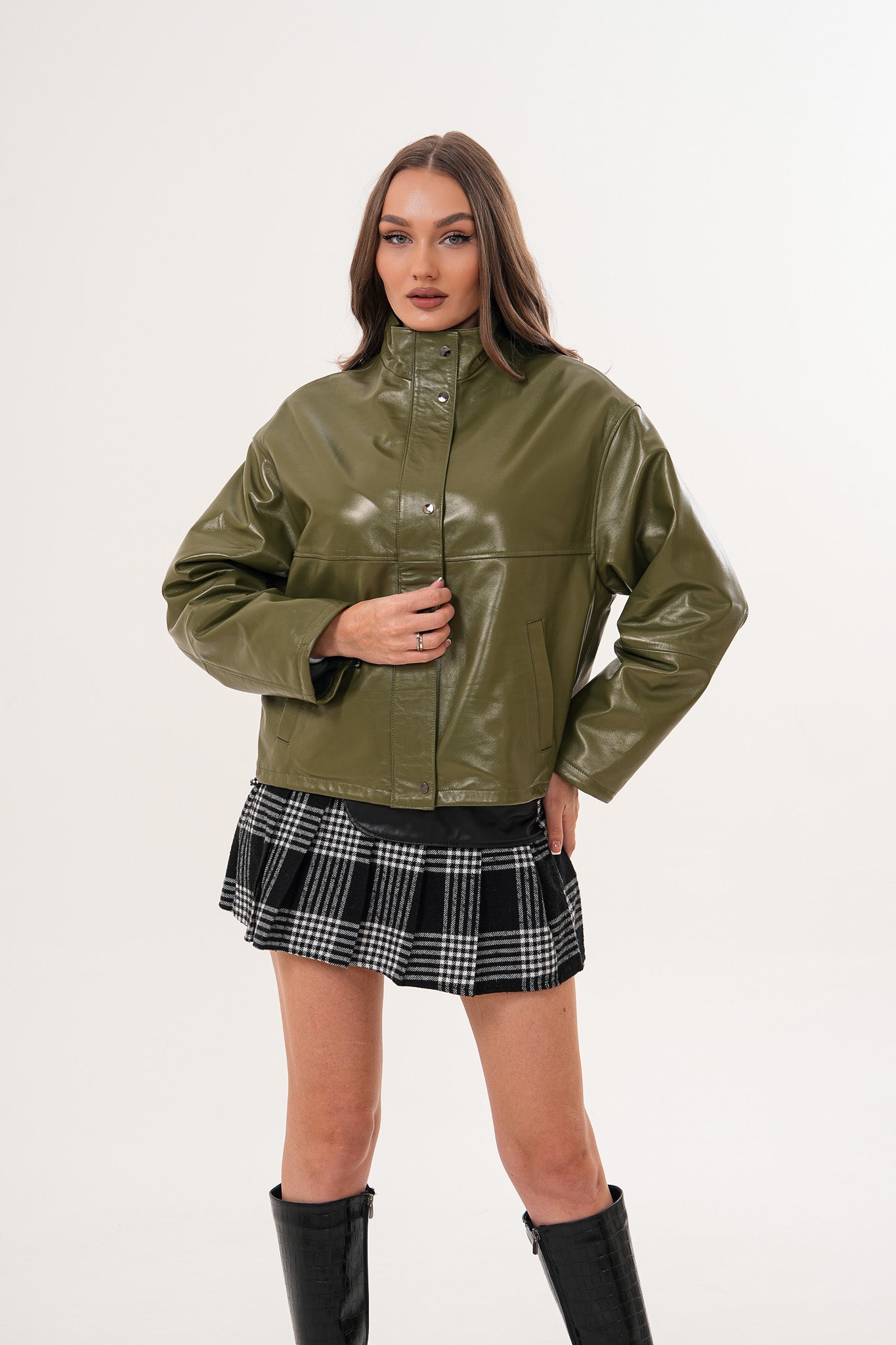 The Kireya Olive Green Genuine Leather Women Jacket
