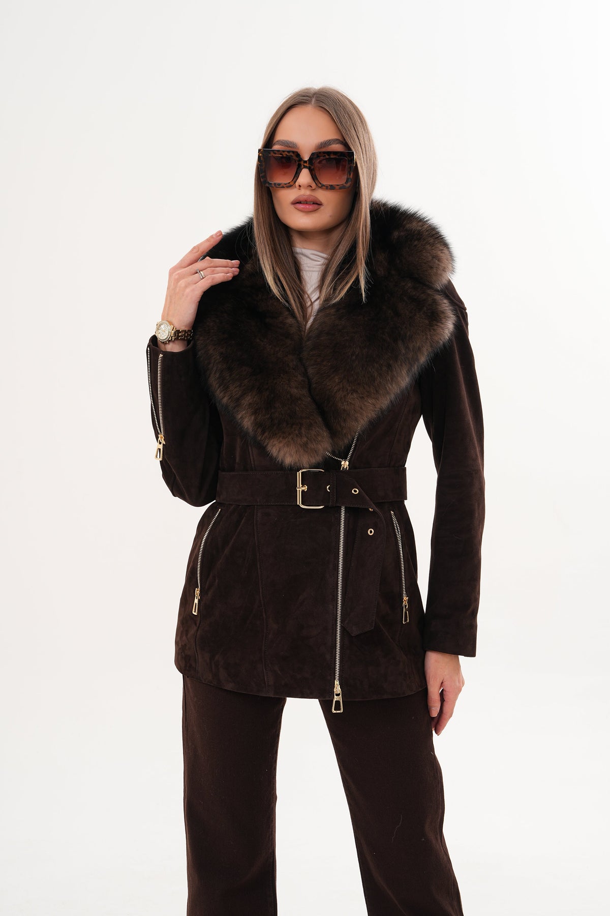 Vinci Leather The Alessia Brown Leather & Fox Fur Women Jacket – product view 12