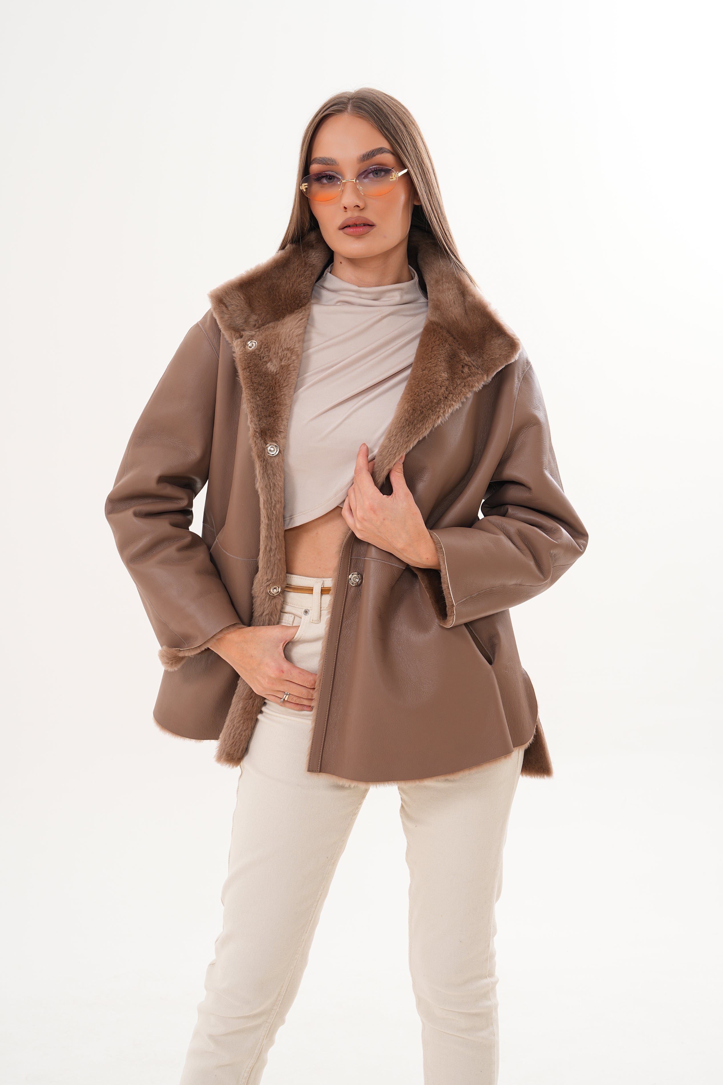 The Belluna Camel Reversible Shearling Women Jacket