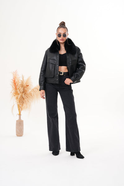 The Auretta Black Shearling Leather Women Jacket