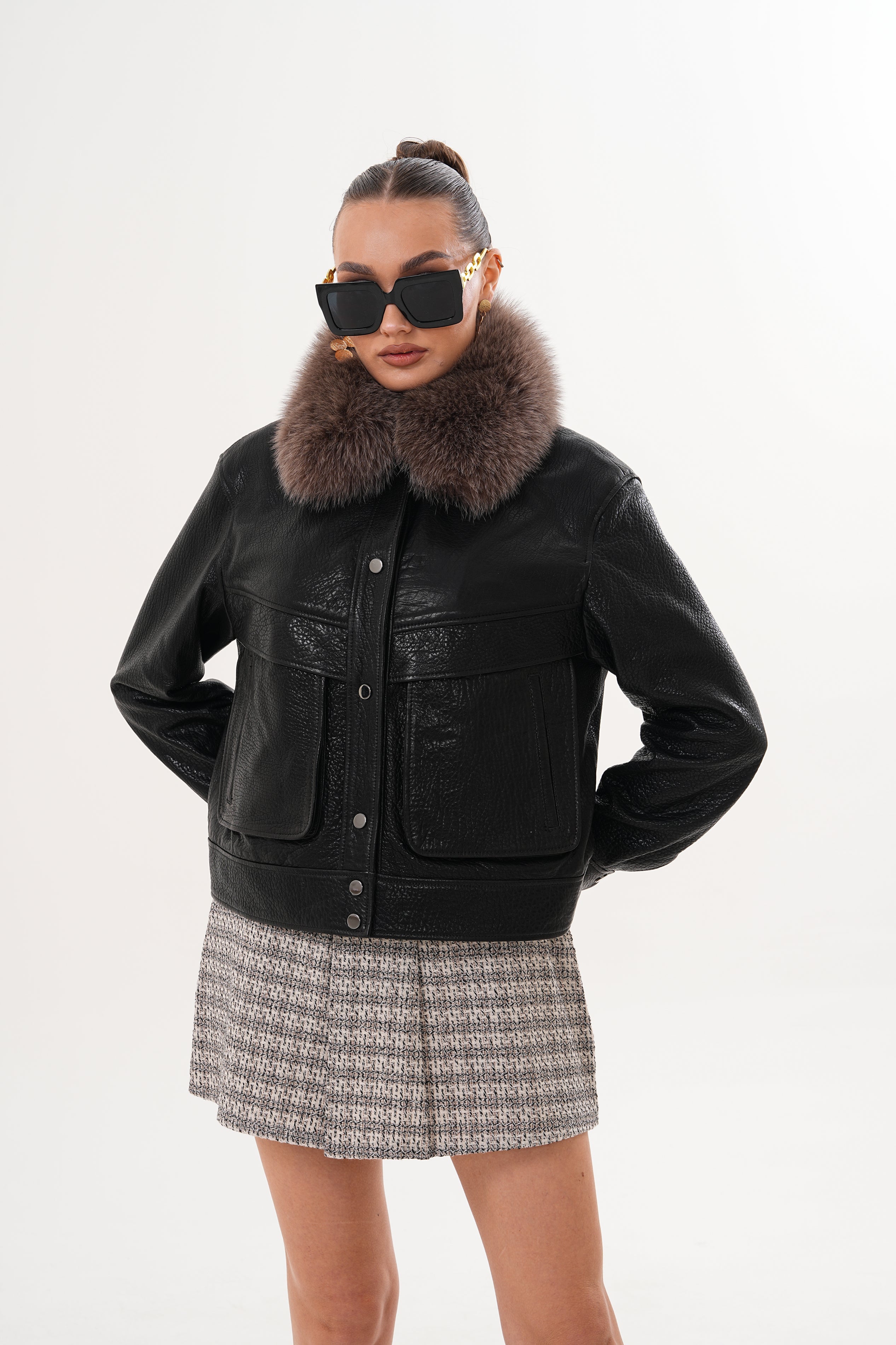 The Auretta Black Textured Leather Women Jacket