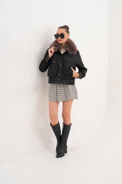 The Auretta Black Textured Leather Women Jacket