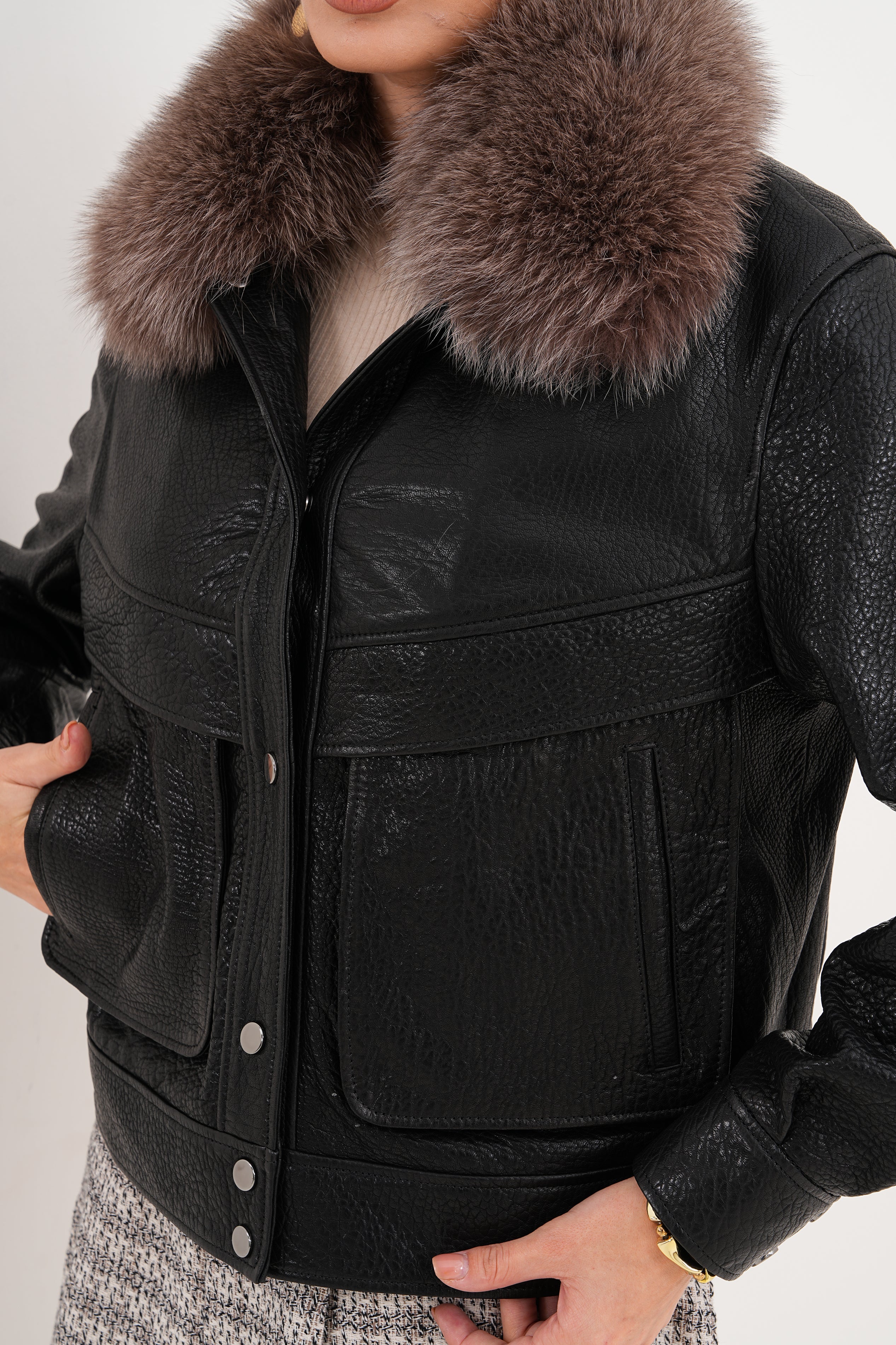 The Auretta Black Textured Leather Women Jacket