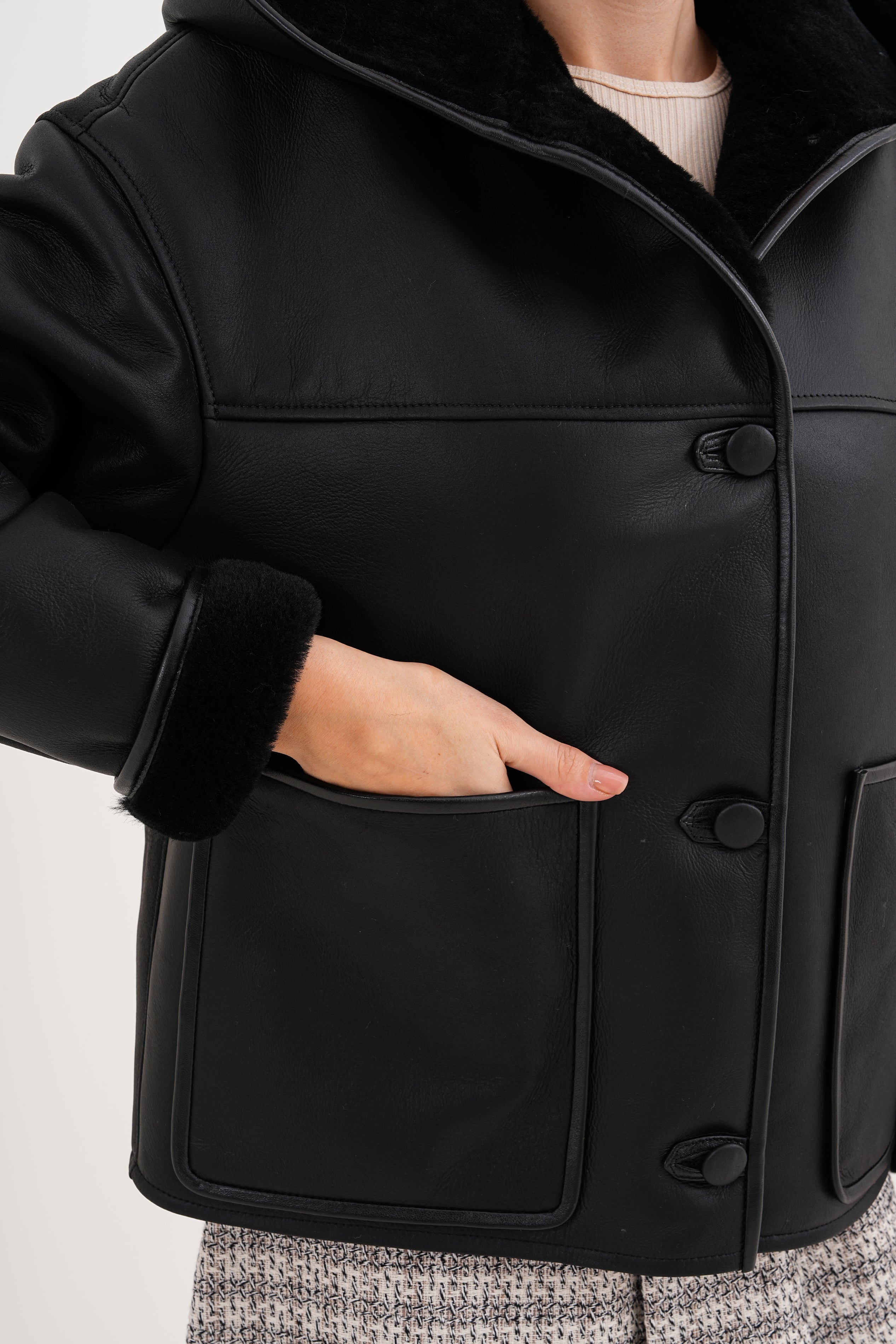 The Arlena Black Shearling Leather Women Jacket
