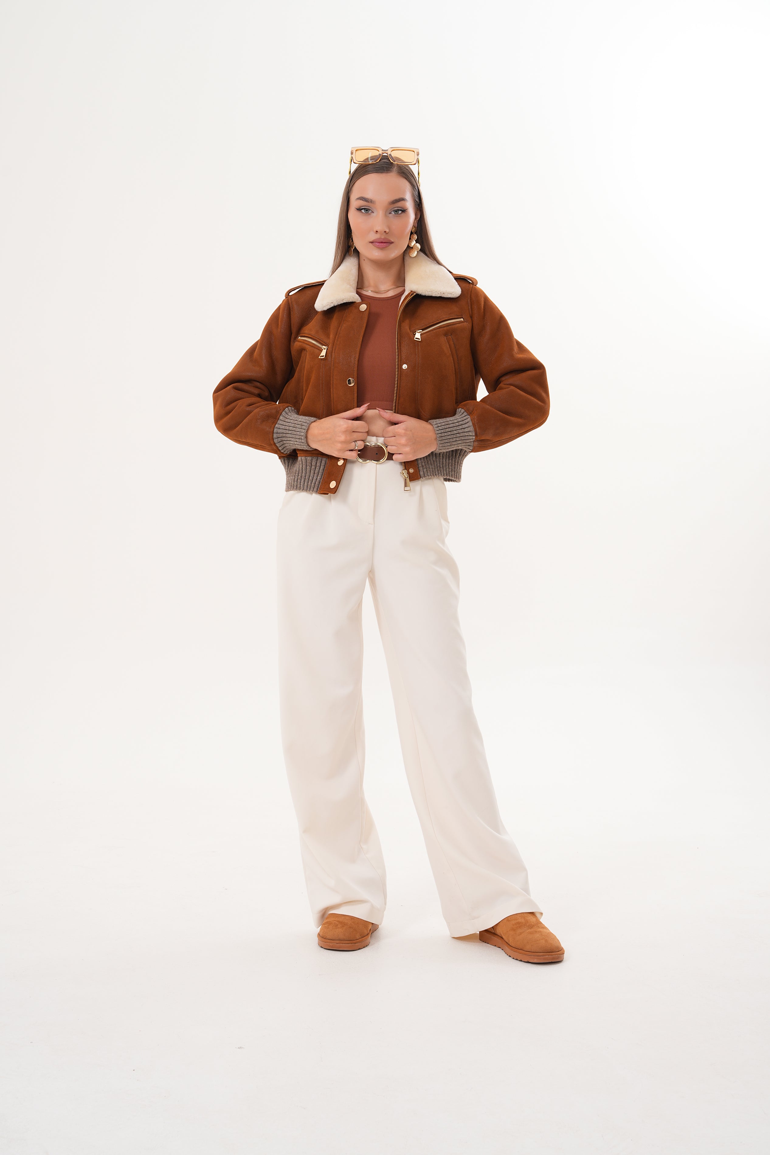 The Amber Shearling Collar Brown Suede Women Leather Jacket
