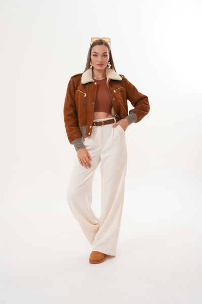 The Amber Shearling Collar Brown Suede Women Leather Jacket