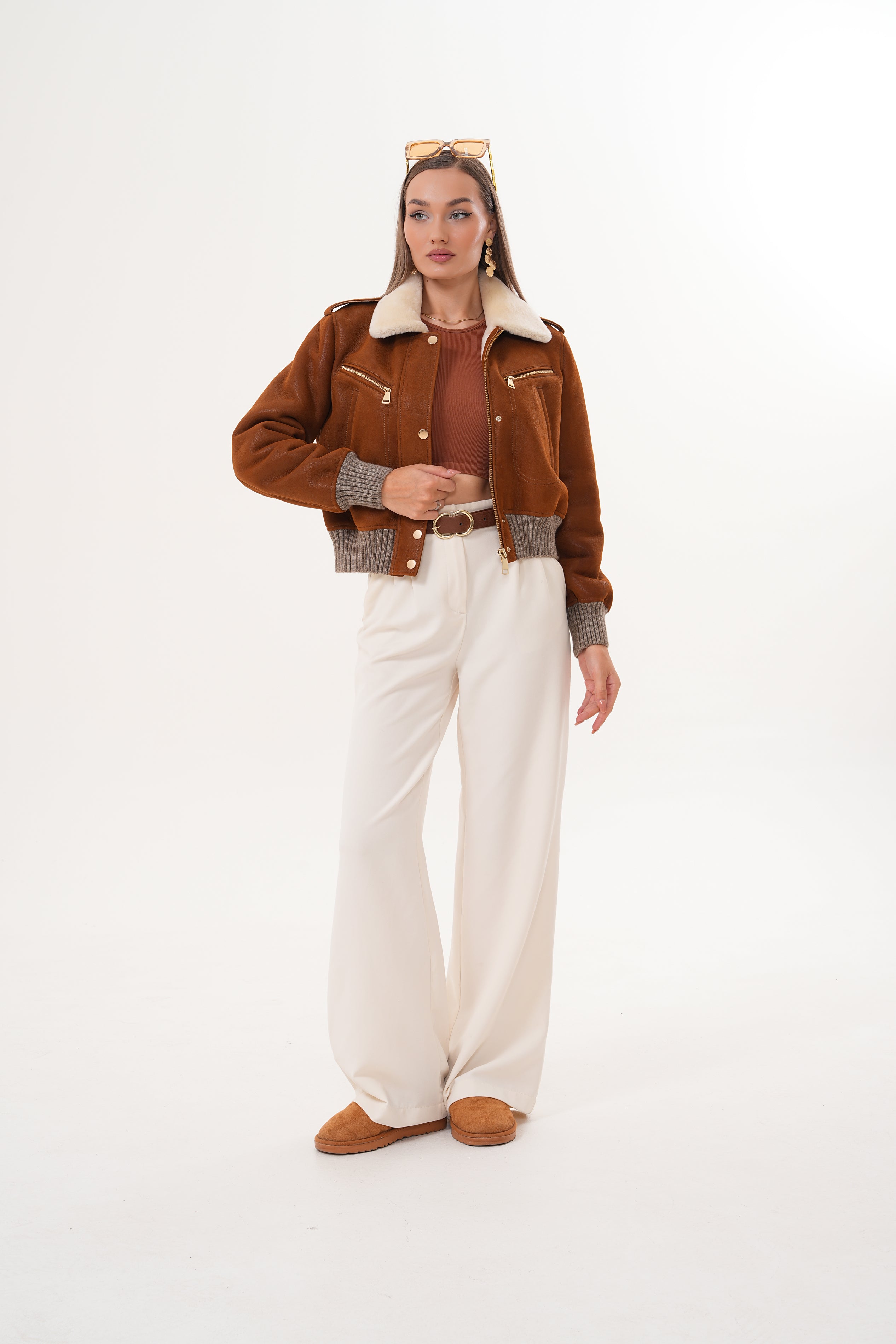 The Amber Shearling Collar Brown Suede Women Leather Jacket