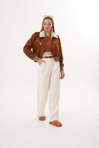 The Amber Shearling Collar Brown Suede Women Leather Jacket