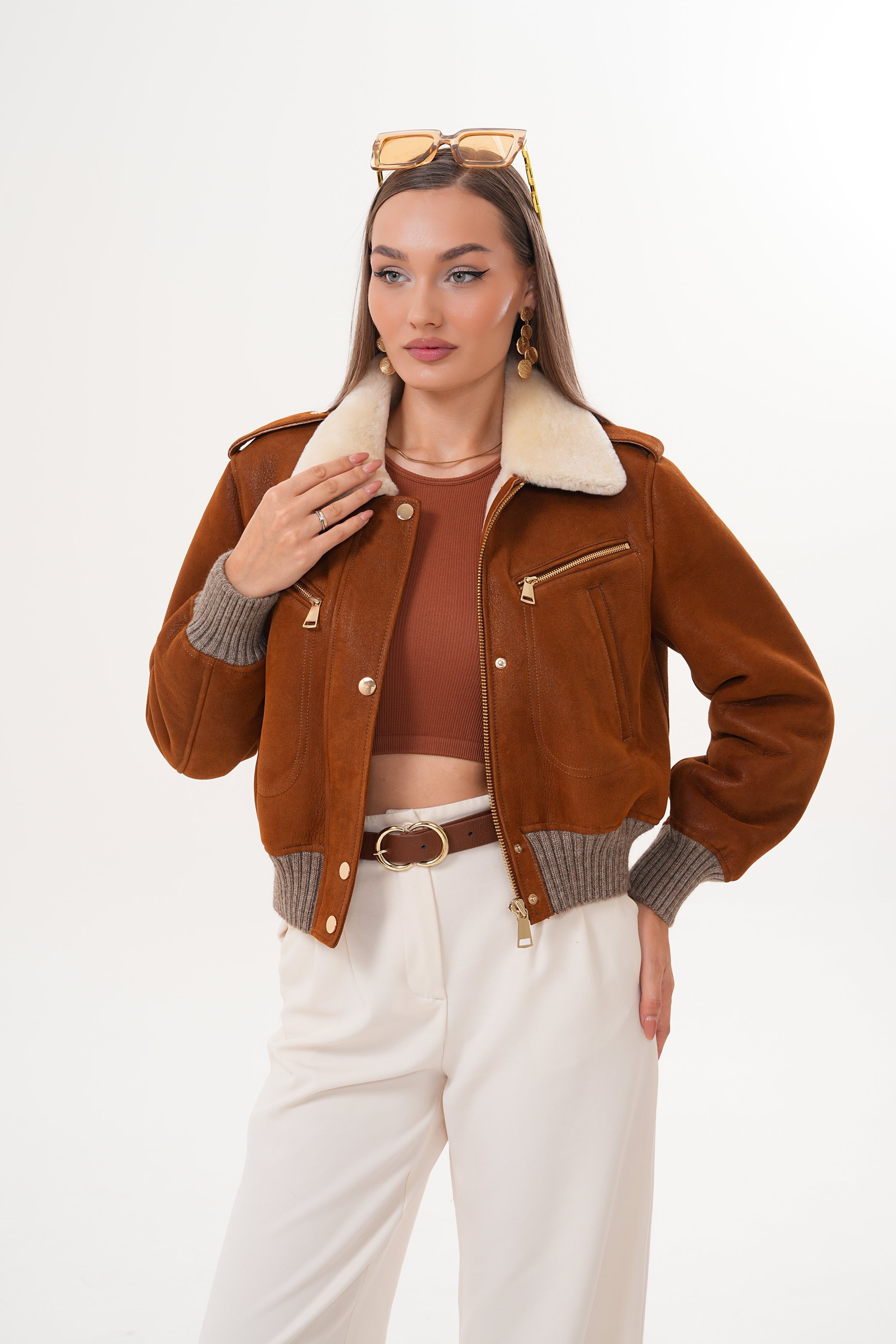 The Amber Shearling Collar Brown Suede Women Leather Jacket