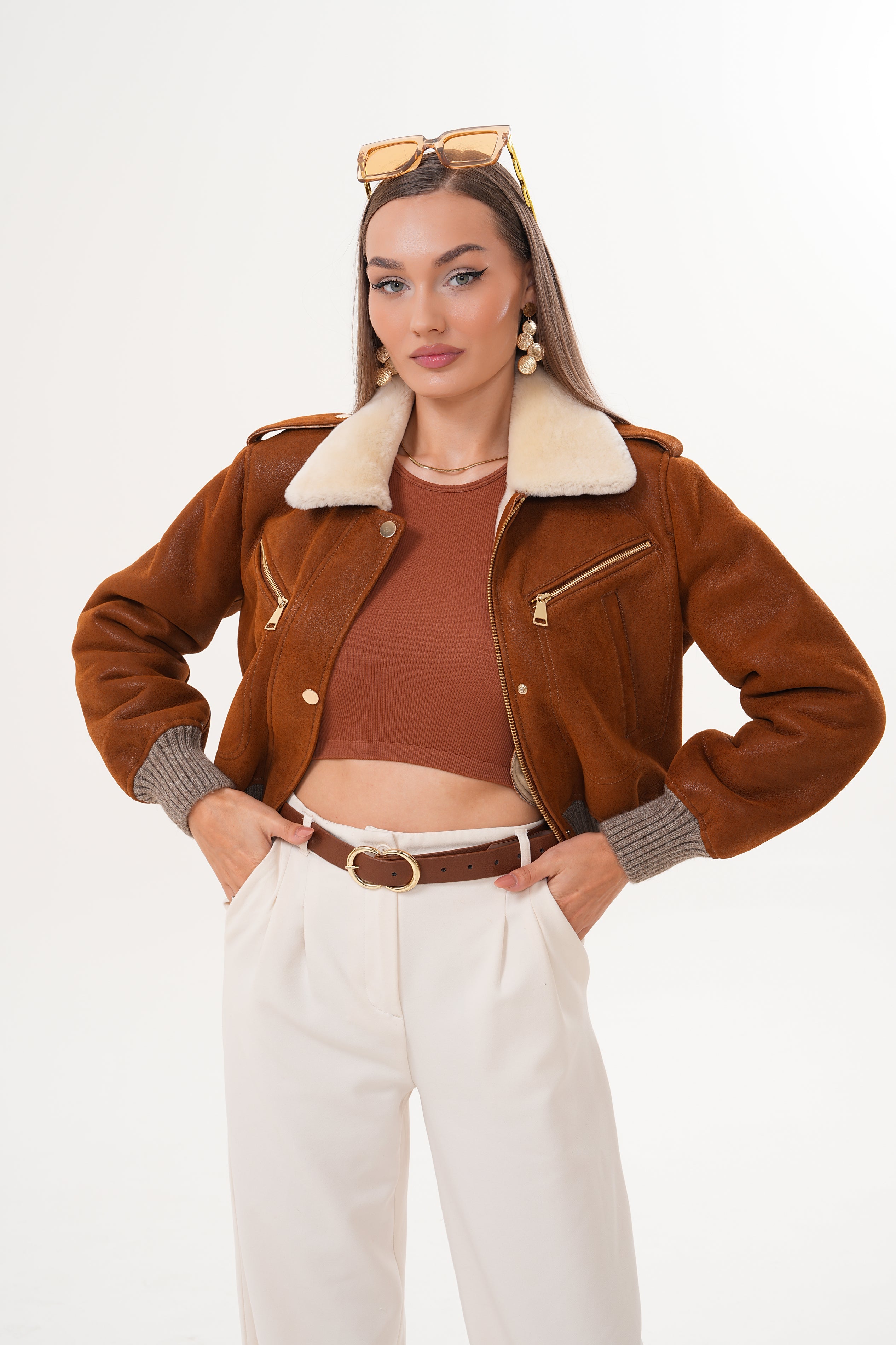 The Amber Shearling Collar Brown Suede Women Leather Jacket