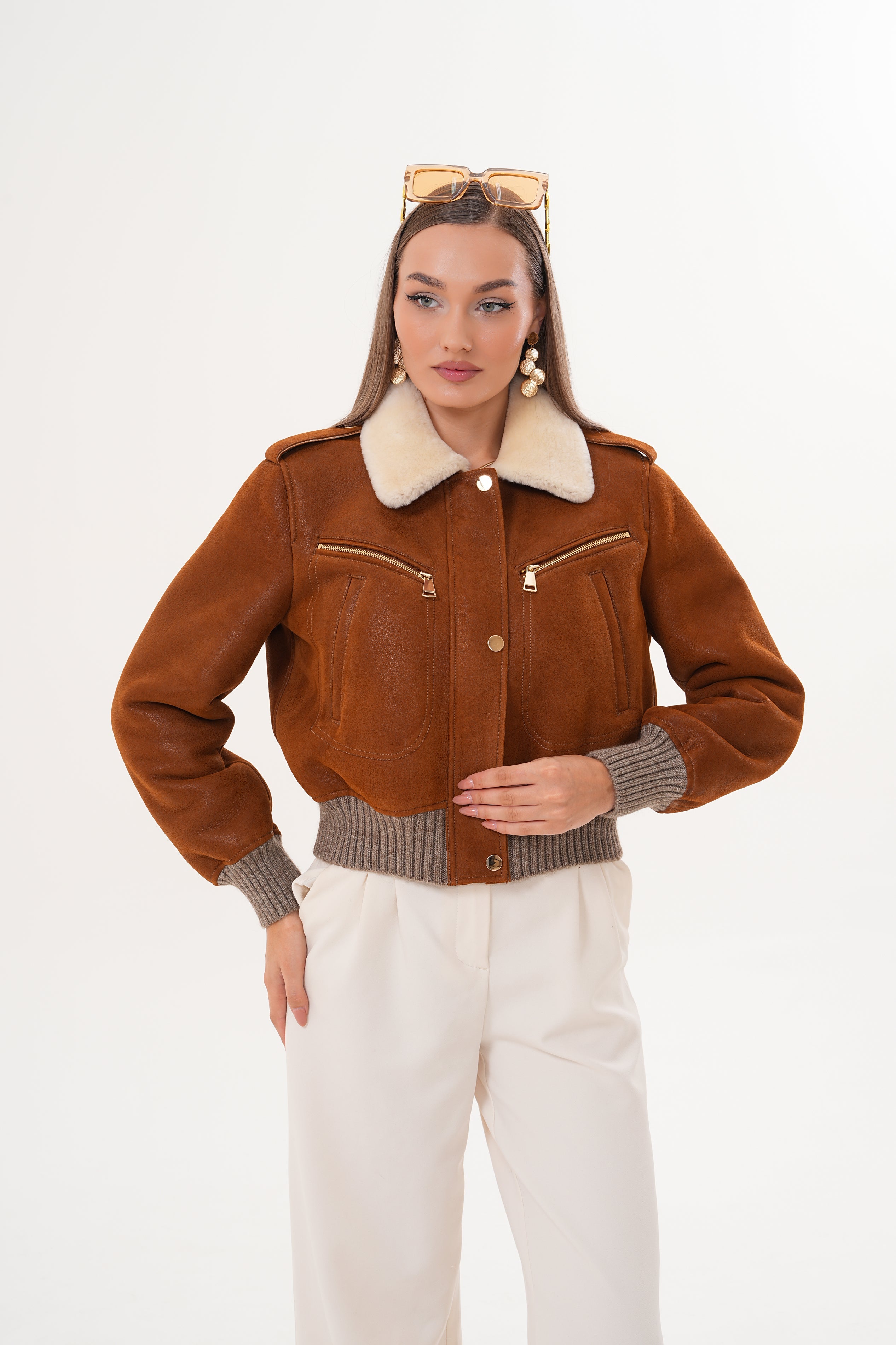The Amber Shearling Collar Brown Suede Women Leather Jacket