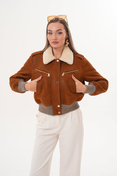 The Amber Shearling Collar Brown Suede Women Leather Jacket
