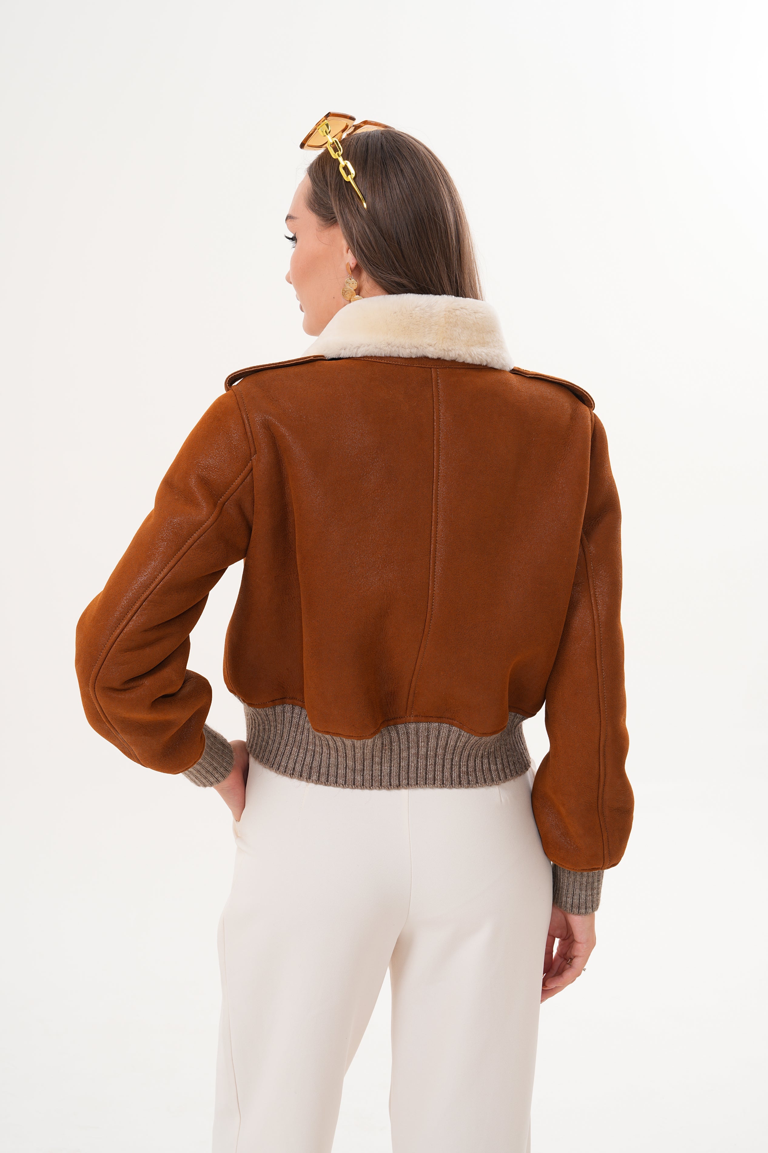 The Amber Shearling Collar Brown Suede Women Leather Jacket