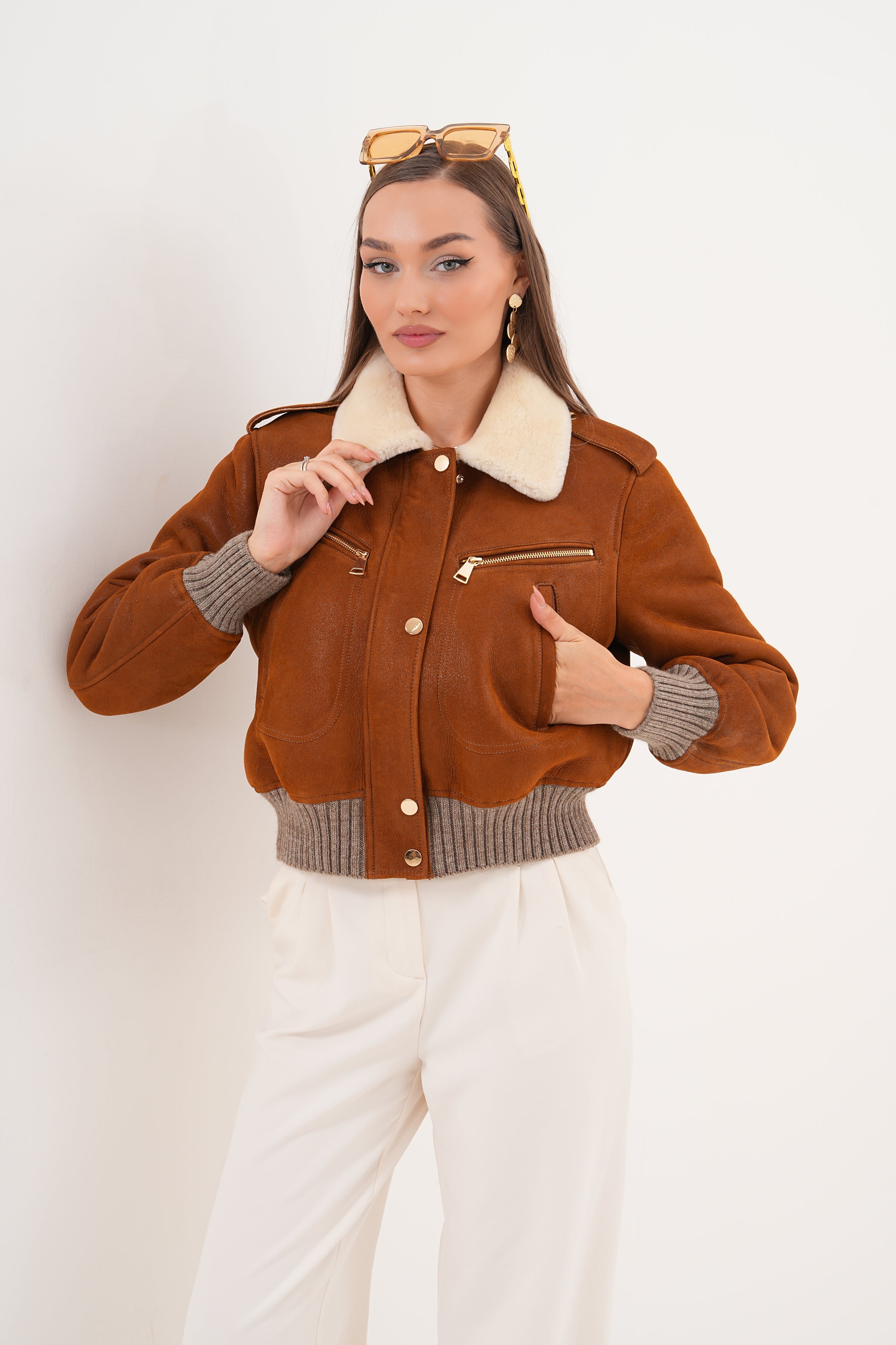 The Amber Shearling Collar Brown Suede Women Leather Jacket