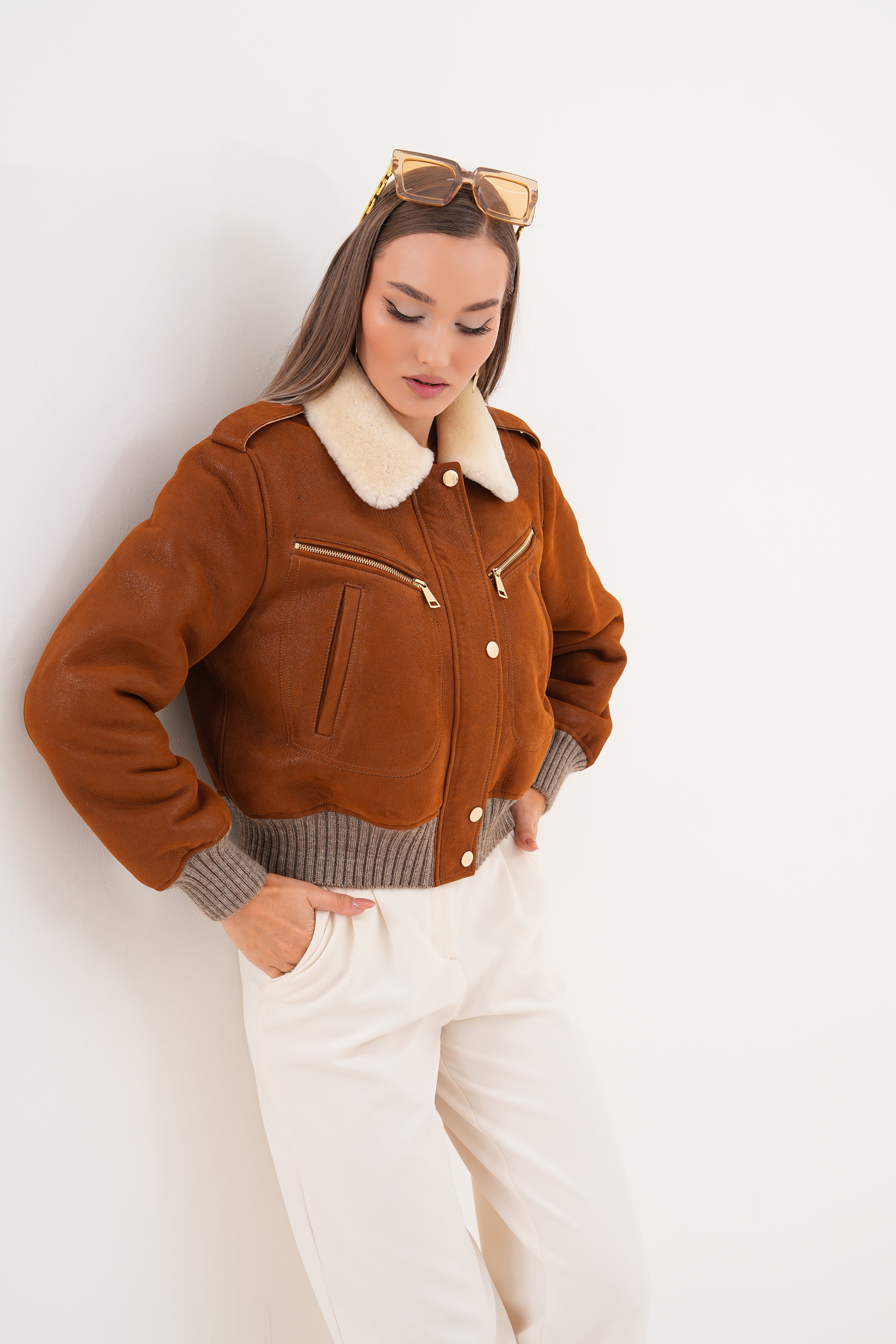 The Amber Shearling Collar Brown Suede Women Leather Jacket