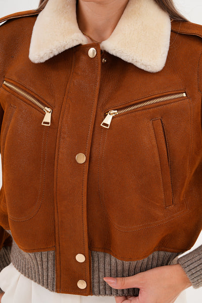 The Amber Shearling Collar Brown Suede Women Leather Jacket