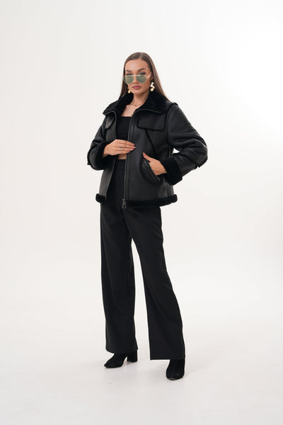 The Denali Black Shearling Leather Women Jacket