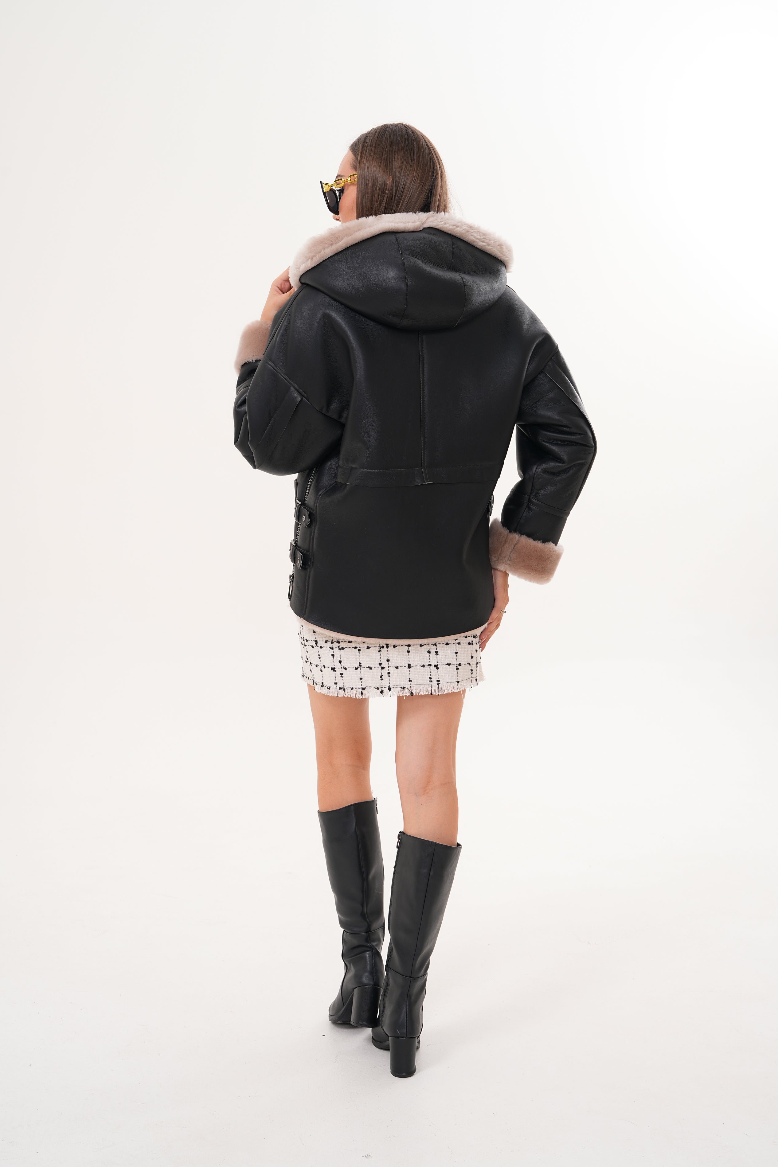 The Aspen Black Hooded Shearling Leather Women Jacket