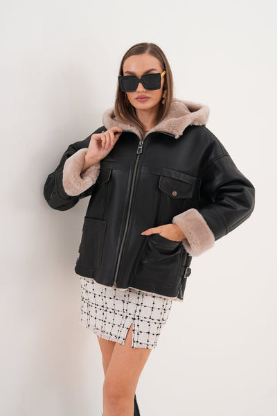 The Aspen Black Hooded Shearling Leather Women Jacket