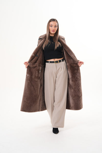 The Florence Long Shearling Black Leather Women Jacket