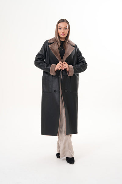 The Florence Long Shearling Black Leather Women Jacket