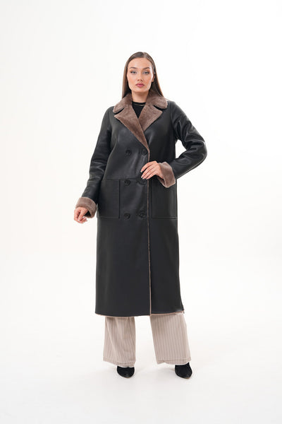 The Florence Long Shearling Black Leather Women Jacket