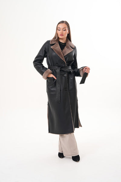 The Florence Long Shearling Black Leather Women Jacket