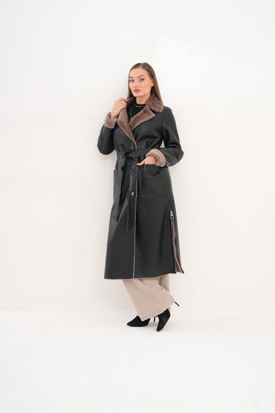 The Florence Long Shearling Black Leather Women Jacket