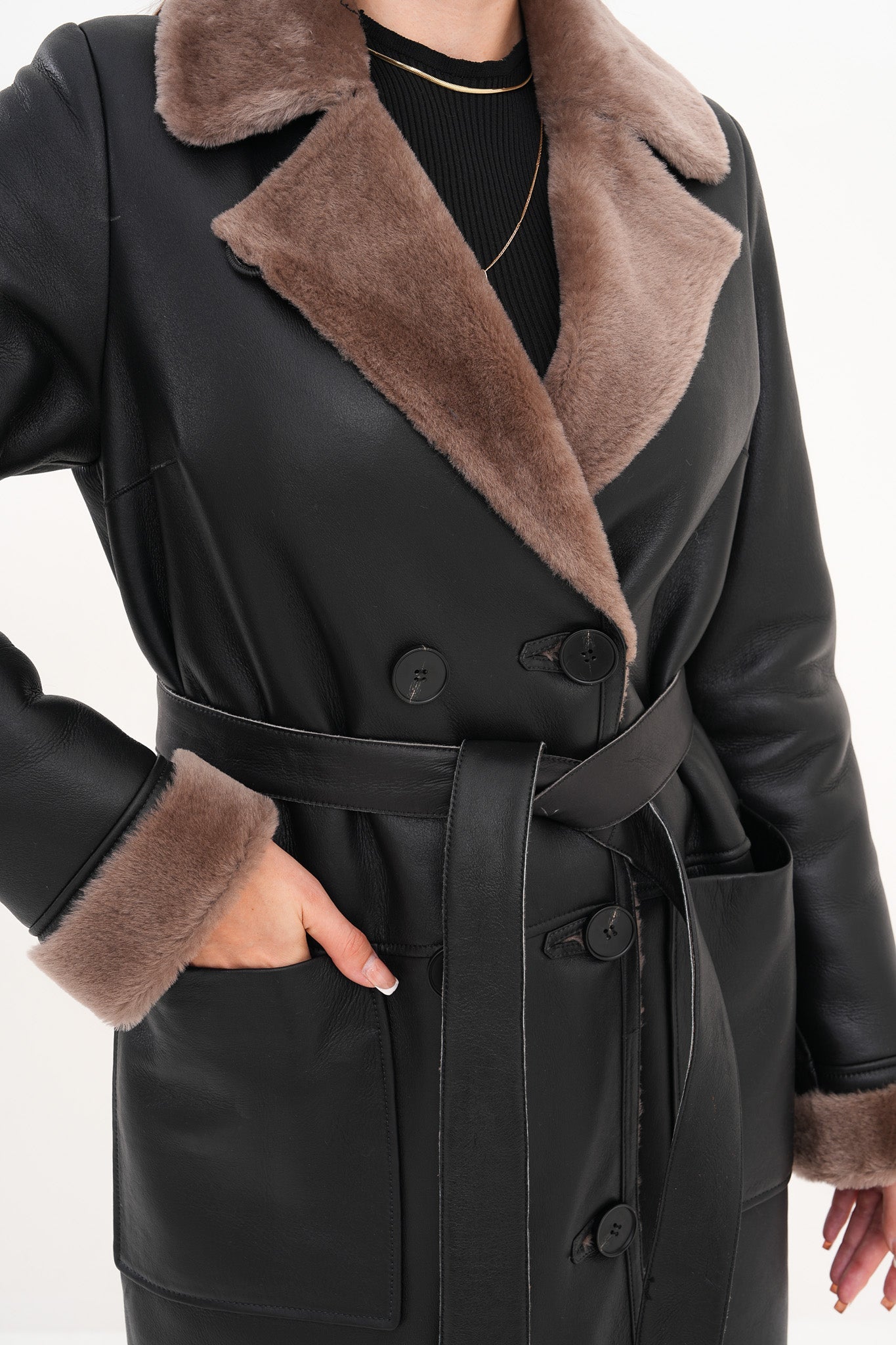 The Florence Long Shearling Black Leather Women Jacket