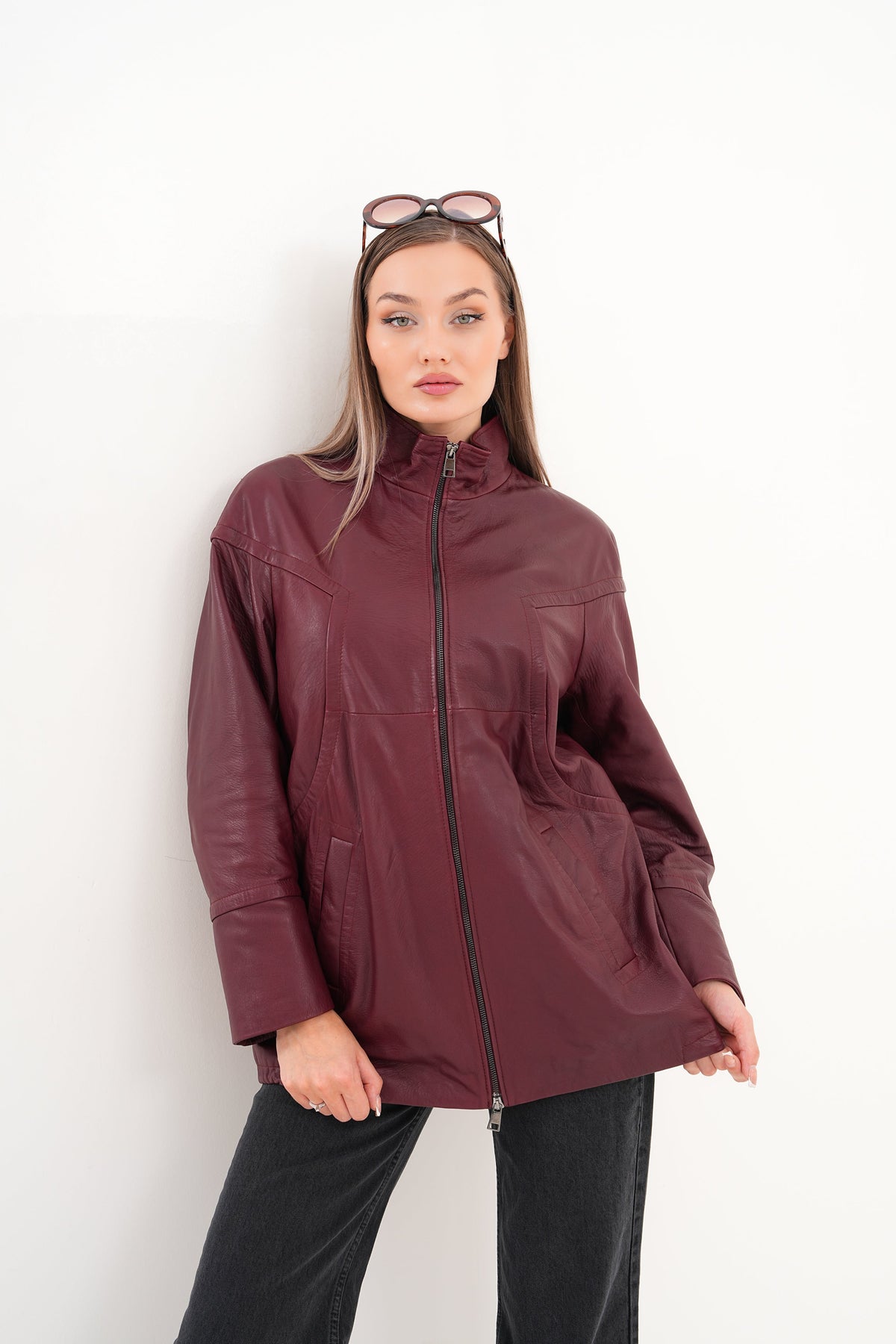 Vinci Leather The Sierra Burgundy Leather Women Jacket – product view 6