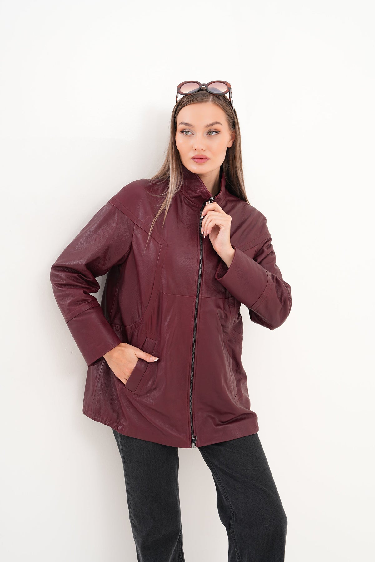 Vinci Leather The Sierra Burgundy Leather Women Jacket – product view 1