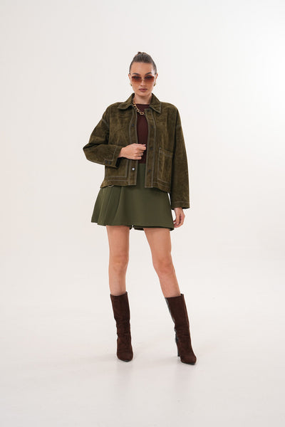 The Solviera Reversible Olive Suede Leather Women Jacket