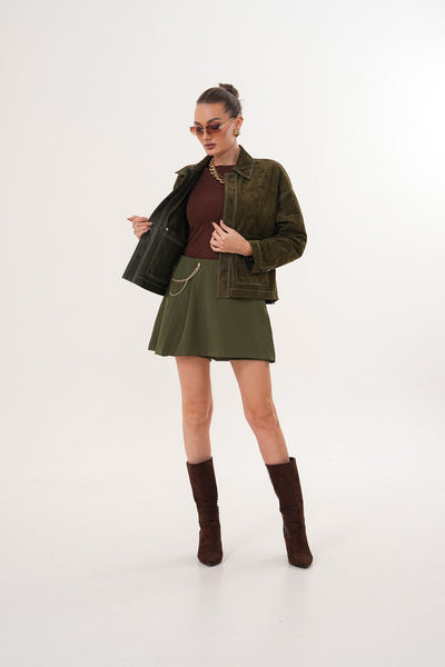 The Solviera Reversible Olive Suede Leather Women Jacket