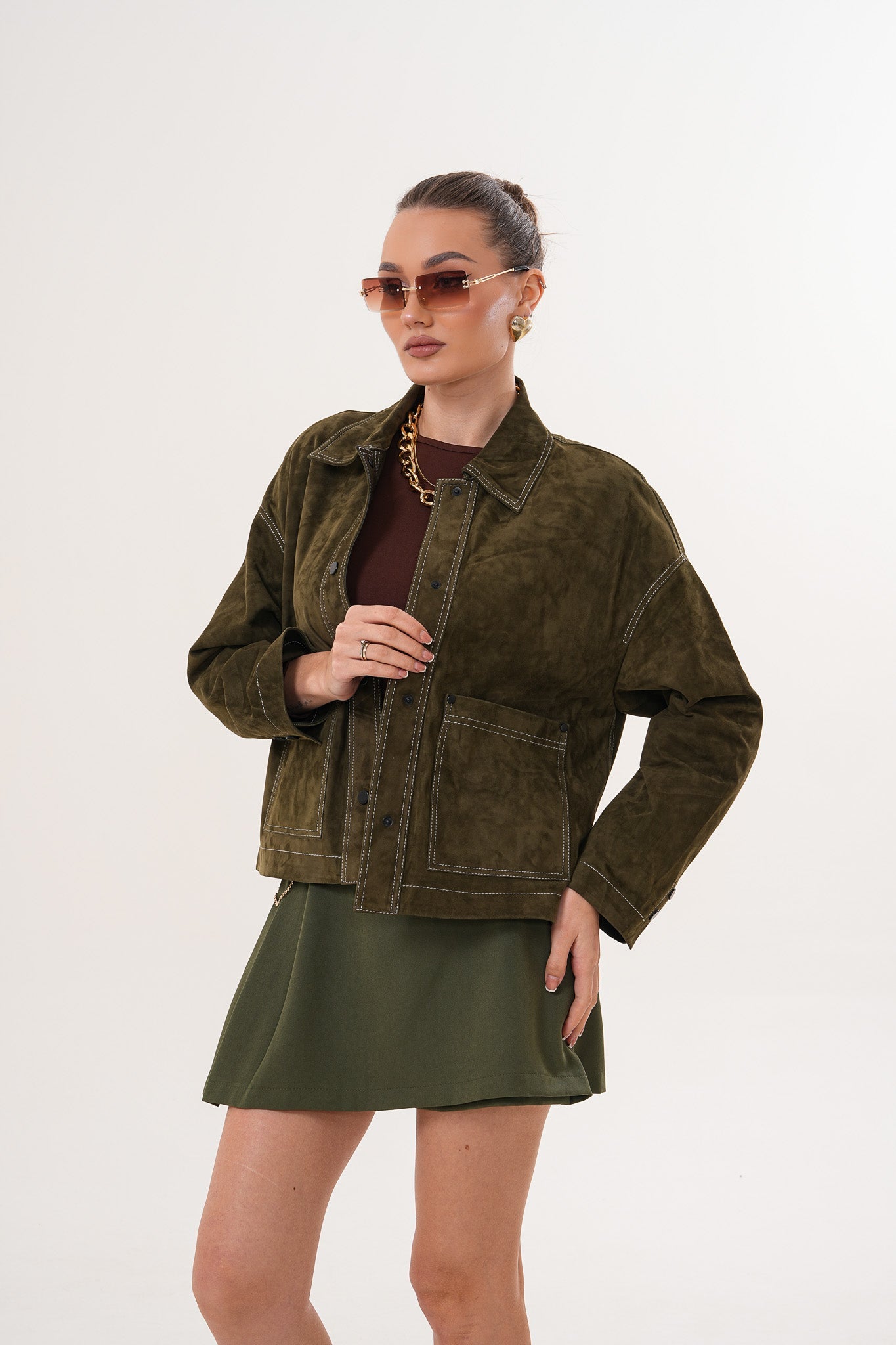 The Solviera Reversible Olive Suede Leather Women Jacket