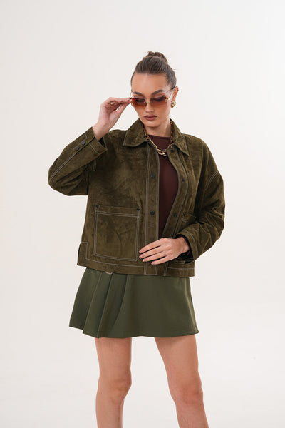 The Solviera Reversible Olive Suede Leather Women Jacket