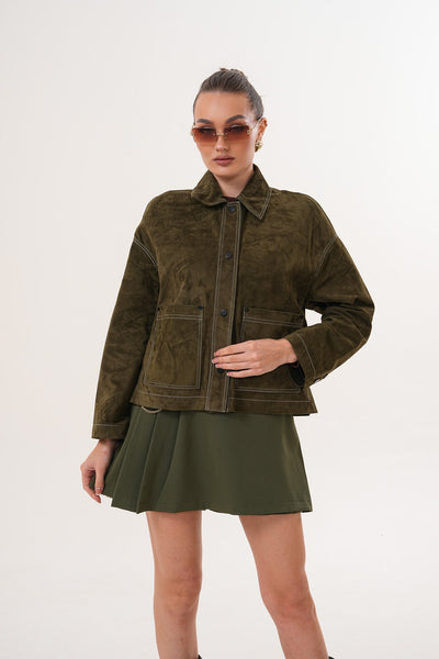 The Solviera Reversible Olive Suede Leather Women Jacket