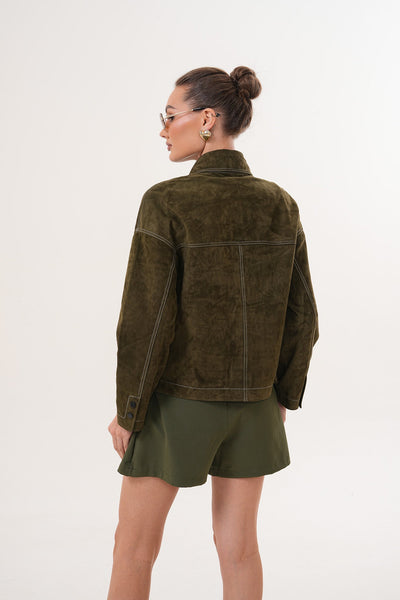 The Solviera Reversible Olive Suede Leather Women Jacket