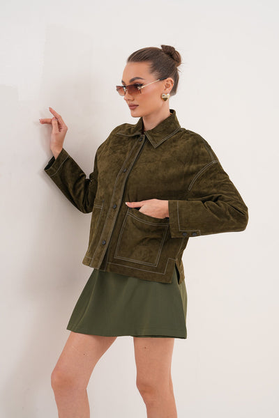 The Solviera Reversible Olive Suede Leather Women Jacket