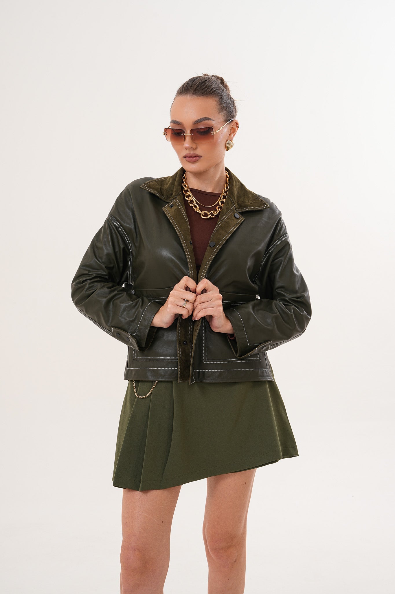 The Solviera Reversible Olive Suede Leather Women Jacket