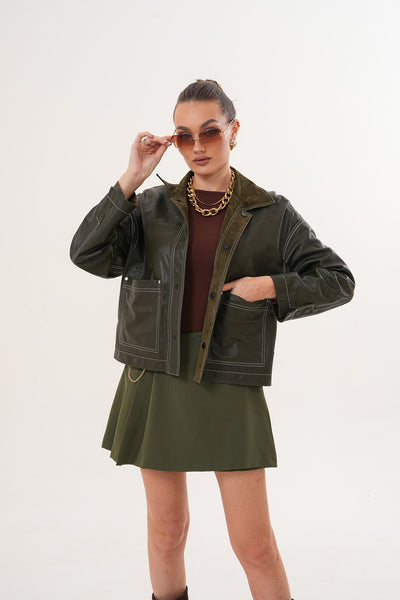 The Solviera Reversible Olive Suede Leather Women Jacket