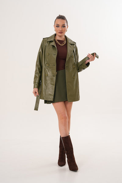 The Caelith Olive Green Leather Women Trench Jacket