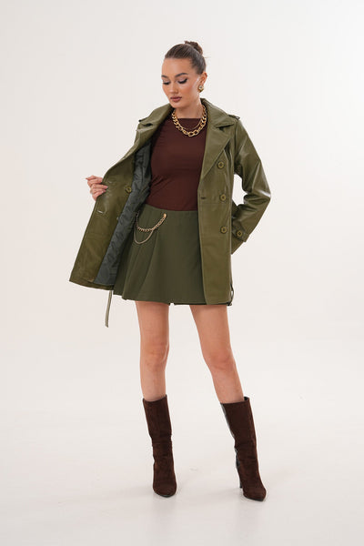 The Caelith Olive Green Leather Women Trench Jacket