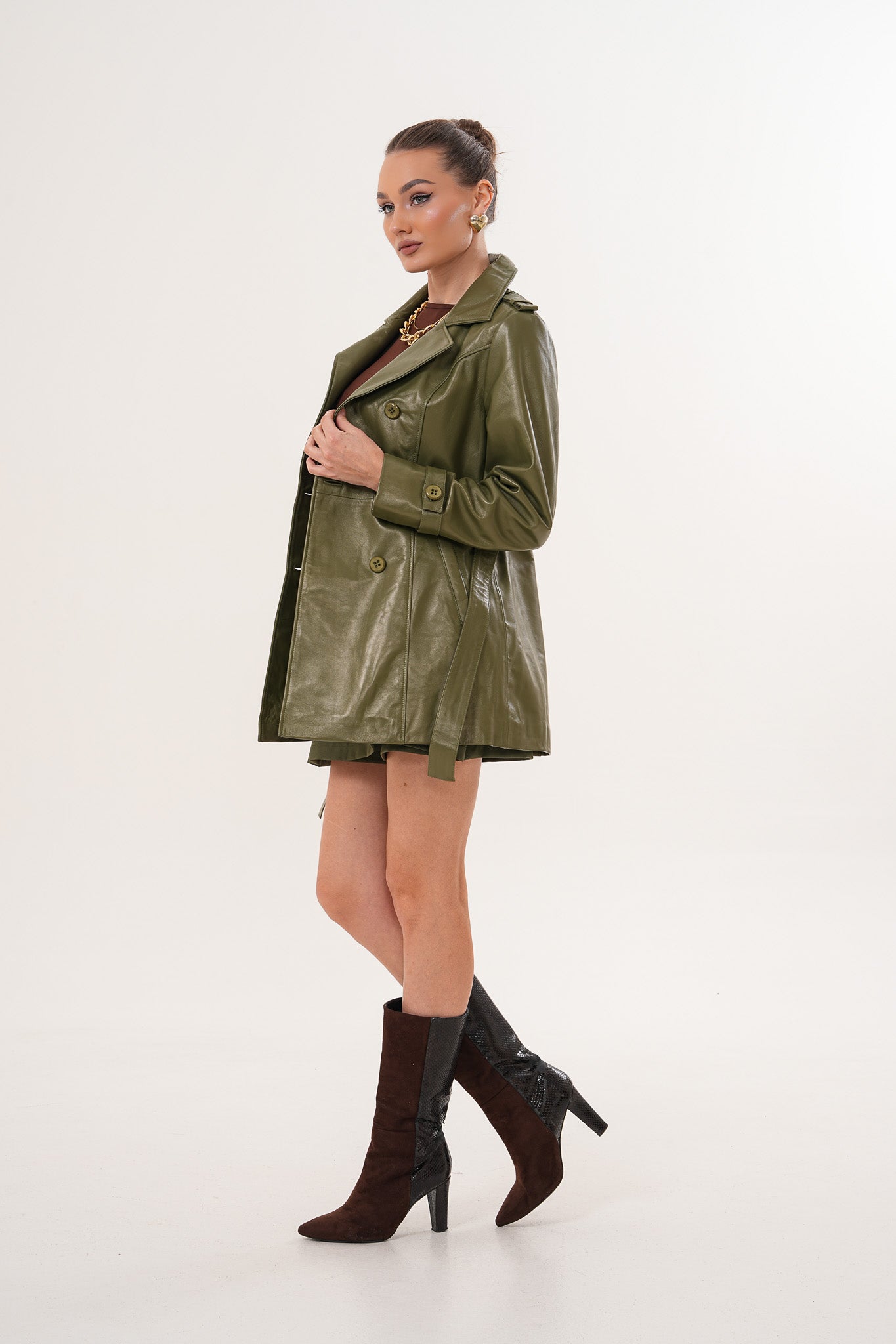 The Caelith Olive Green Leather Women Trench Jacket