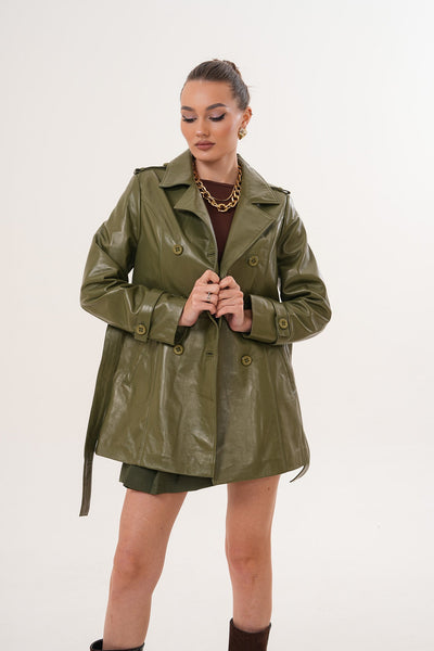 The Caelith Olive Green Leather Women Trench Jacket